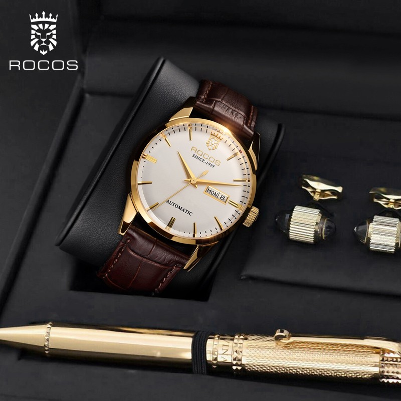 雷克斯(ROCOS)手表男时尚商务简约气质经典大三针带双历防水牛皮表带男士腕表 R0101 金色白面棕带  男款