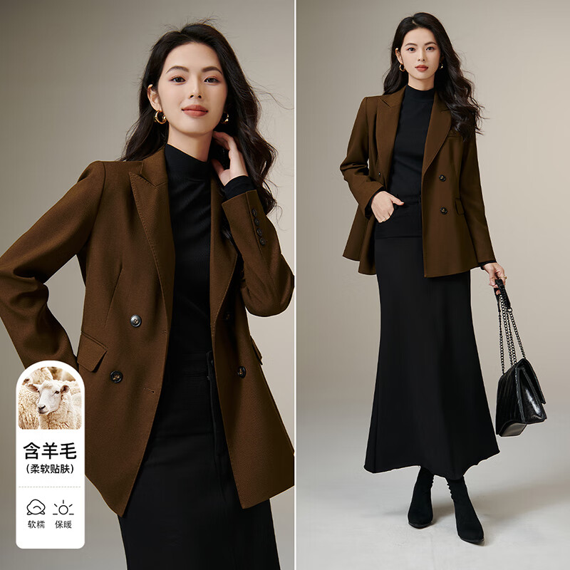 晚白【专享】2026春款气质挺括翻驳领复古轻熟风羊毛西装外套女 深咖色 S