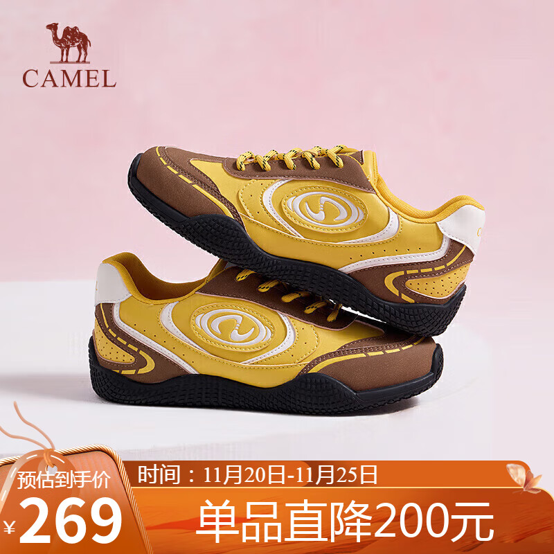骆驼（CAMEL）月牙2.0德训鞋女多色拼接增高运动休闲鞋 L25S577059C 黄/棕 39