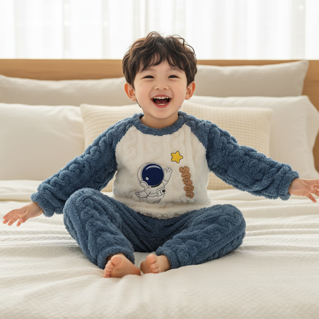 小猪大卫 PECODAVID珊瑚绒套装秋冬儿童室内居家服男女可爱分体套装毛毛款 蓝色宇航员 90 版型宽松，按正常尺码拍