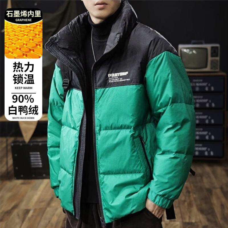 邦约恋人美式复古潮牌拼色羽绒服男2025冬季新款高充绒加厚保暖外套情侣款 珊瑚绿 GY7253 2XL 建议体重 166-185斤