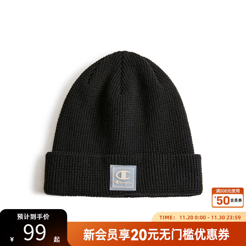 Champion冠军毛线帽 秋季情侣针织帽女冷帽 男冬季保暖显脸小新款 黑色 均码