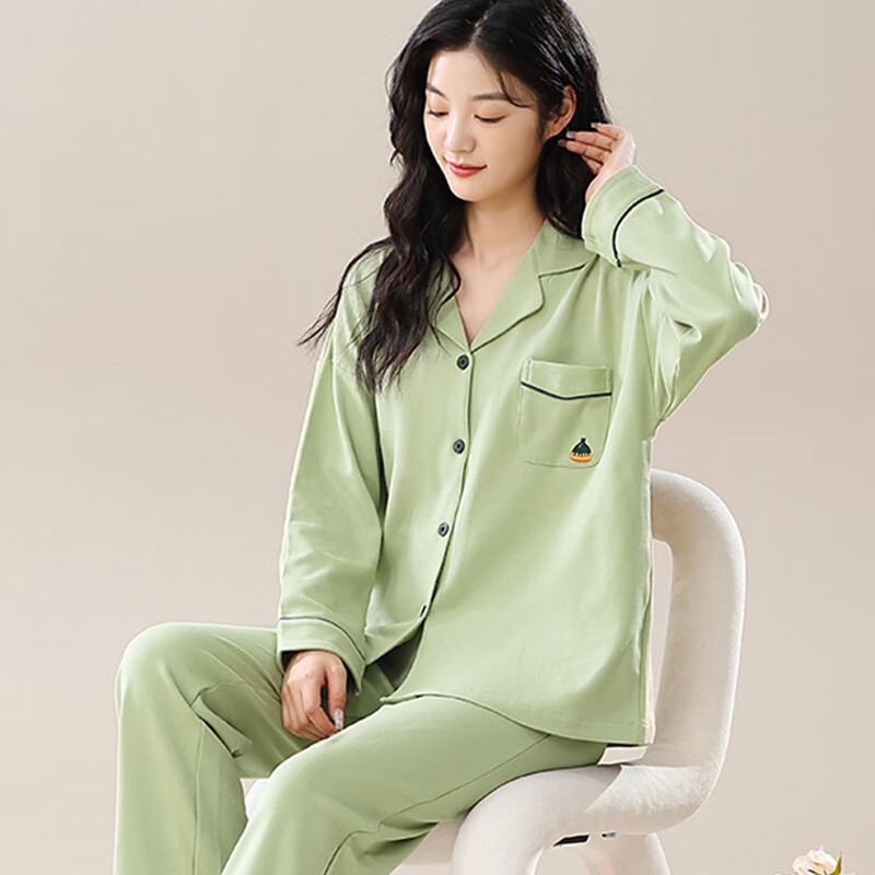 猫人纯棉睡衣女士2025年新款100%全棉秋冬季家居服可外穿大码长袖套装 翠绿色 100%纯棉 3XL 【适合160-180斤】
