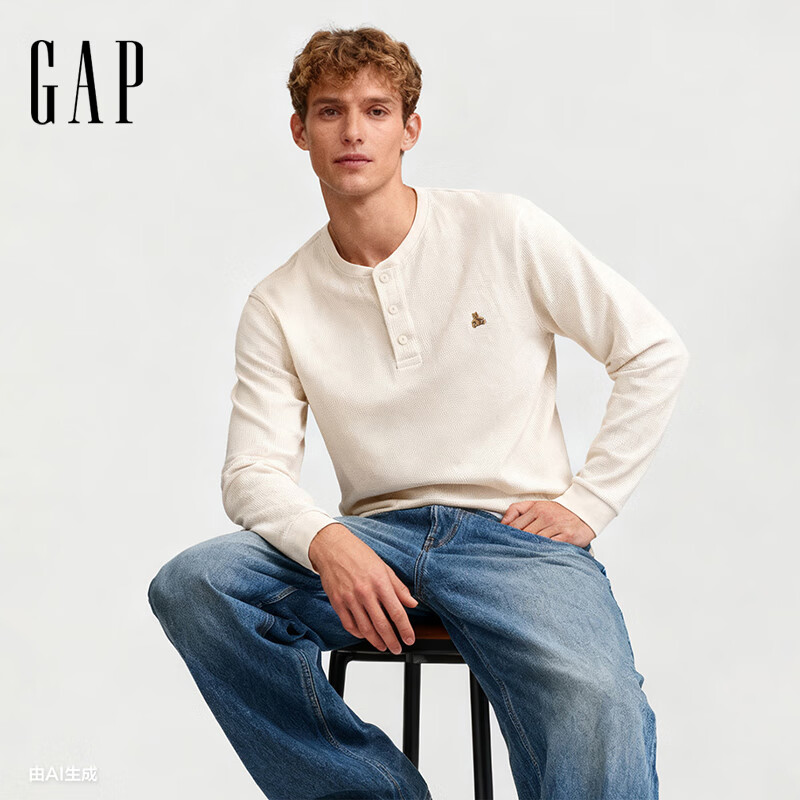 盖璞Gap男女装2025冬季新款小熊刺绣华夫格亨利领长袖T恤上衣842585 米色 S 美码  M亚洲码175/92A