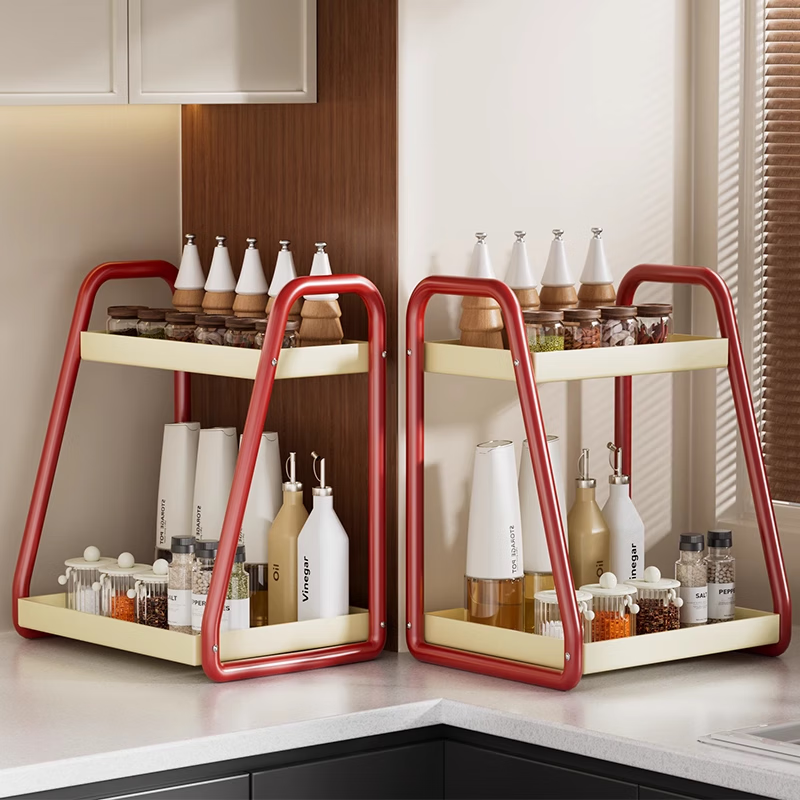 衣炫调料品置物架厨房双层家用台面放油盐酱醋的收纳架子多功能调味料 复古红白宽50cm【甄选碳钢】