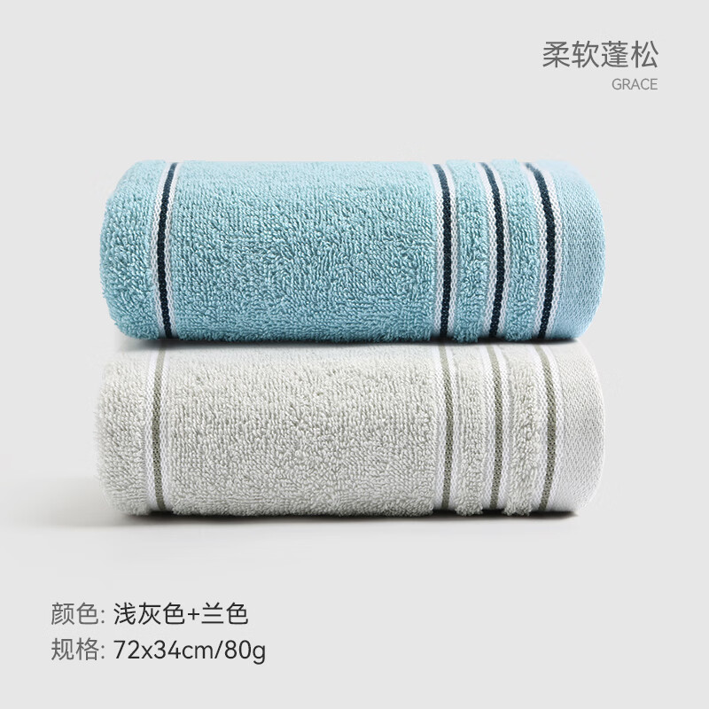 洁丽雅毛巾纯棉加厚A类吸水速干不易臭洗澡洗脸情侣面巾澡巾公司团购 浅灰+兰色（70*34cm 80g） 2条 12.8元