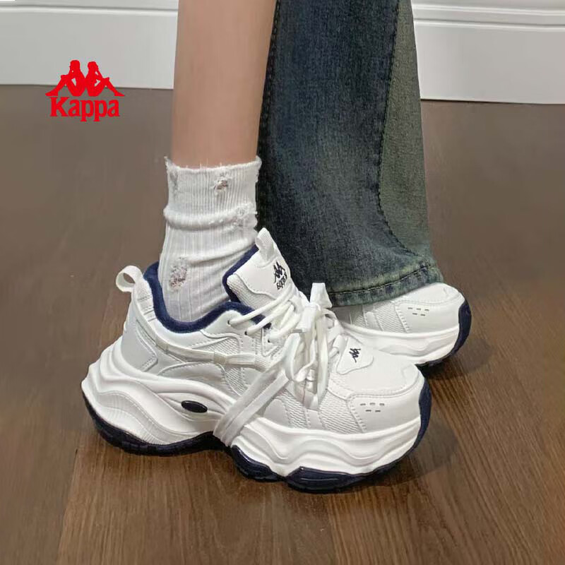 卡帕（Kappa）女鞋百搭加绒老爹鞋女2026年新款厚底增高休闲鞋加厚运动鞋子女 经典白/海昌蓝（加绒款） 38