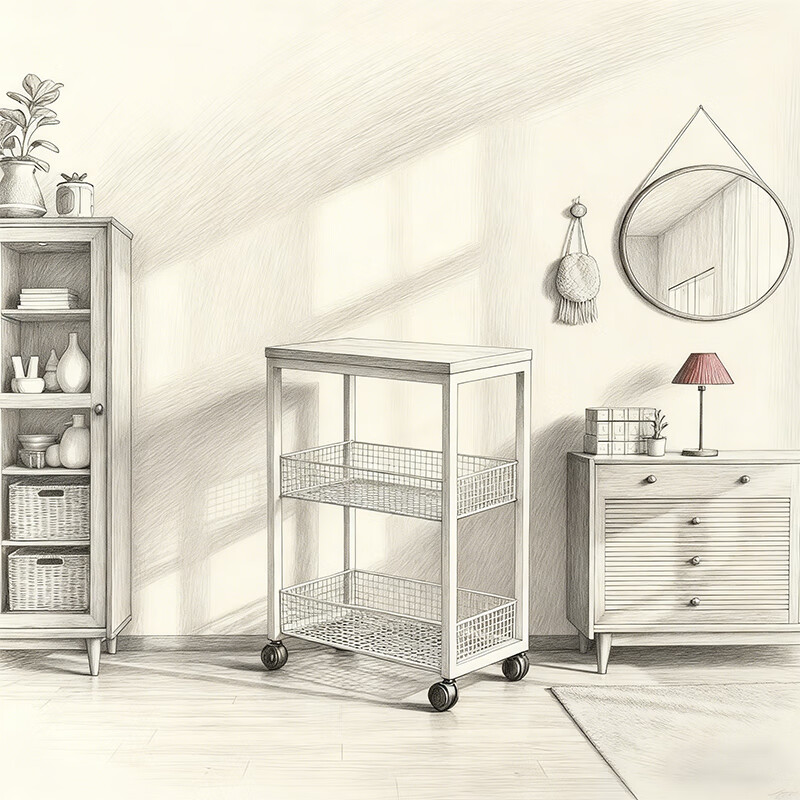 尔思家书架立式落地可移动桌下书本收纳带轮书桌旁小推车打印机置物架 【带轮】草葱白三层