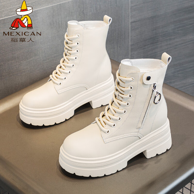 稻草人（MEXICAN）小个子内增高马丁靴女2026新款爆款秋冬季加绒真皮松糕厚底短靴 米色 单里 34