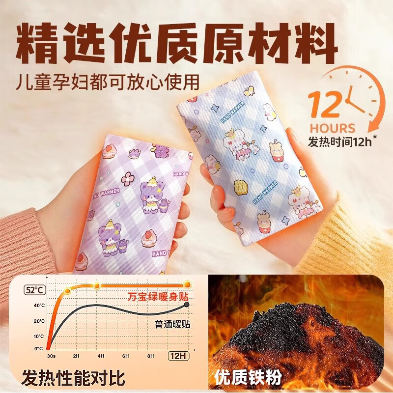 万宝绿暖手宝学生专用暖宝宝手握式暖手贴2025新款自发热神器儿童一次性 【白兔精灵+紫猫精灵】组合装60只丨赠草莓兔毛绒套