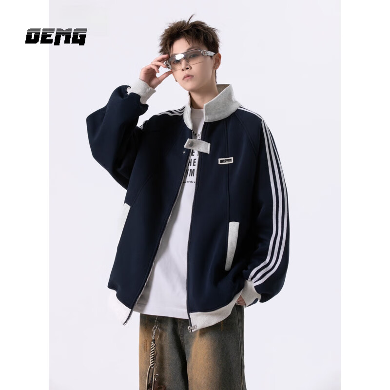 OEMG  美式撞色三条杠加绒加厚棒球服外套男士秋冬季潮牌情侣保暖夹克 藏青色 【高品质】 XL [建议120-140斤]