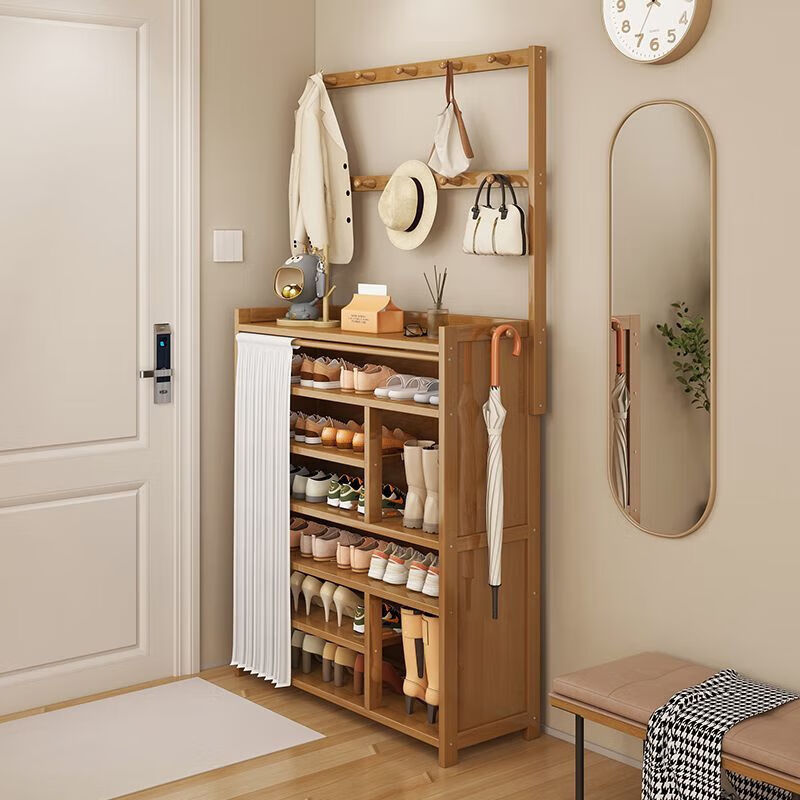 倘然之家鞋柜挂衣架一体多层鞋架子狠能装狠稳固门口宿舍出租房收纳置物架 白色布帘鞋衣一体架 防尘加固款 5-50CM