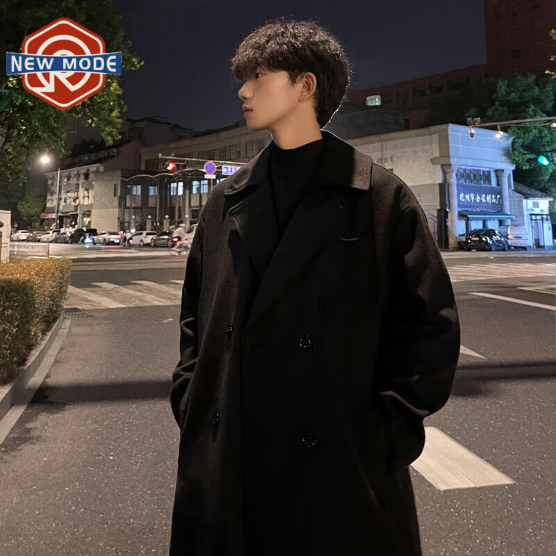 NEW OR MODE韩系英伦中长款毛呢大衣男秋冬季新款痞帅风衣外套潮牌高级感上衣 黑色 XL