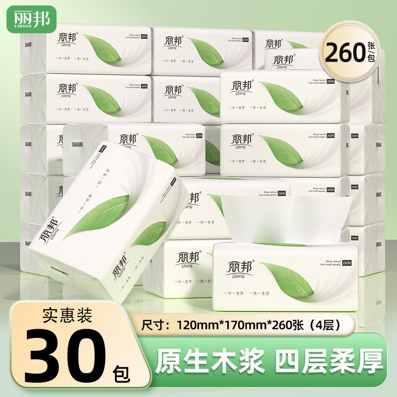 丽邦（Libang）抽纸 4层家用便携装抽取式面巾纸卫生纸柔软亲肤 无香 【一叶子】 4层 260张*30包