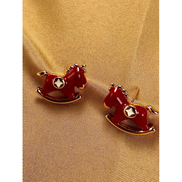 DL 1998胖东来同款品质马年耳饰马上有钱生肖本命年红色小马耳环2025新款 红色木马耳钉一对 精美礼盒装