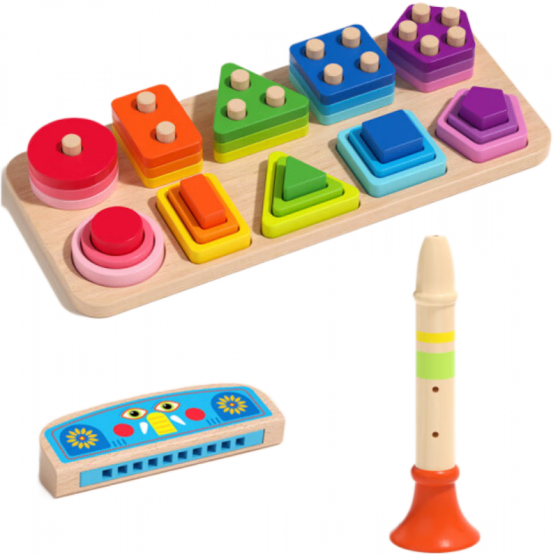 福孩兒蒙氏幾何十套柱顏色形狀認知教具寶寶早教力玩具積木配對分類 十套柱+木質(zhì)口琴_+喇叭