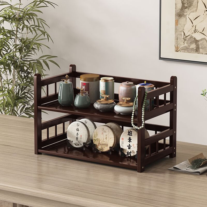 欣慕雅桌面茶具架小型博古架实木中式茶桌上收纳置物架茶台摆件茶叶架子 澜亭2层40桌面杯架