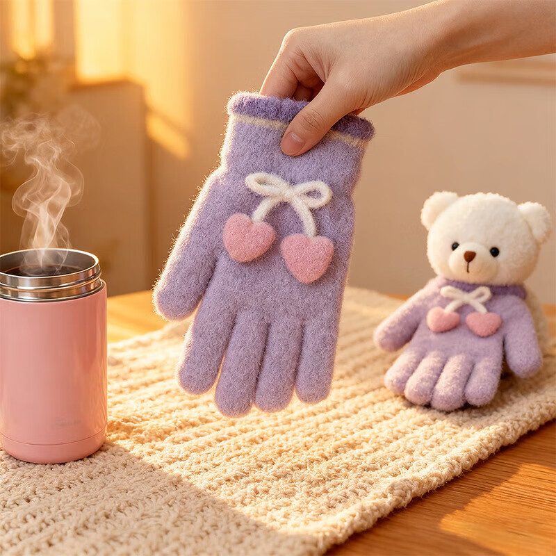 朋意儿童4-10岁冬季樱桃五指分指手套男女童宝宝防寒保暖可爱卡通学生 小樱桃五指-紫色_4-10岁 无规格