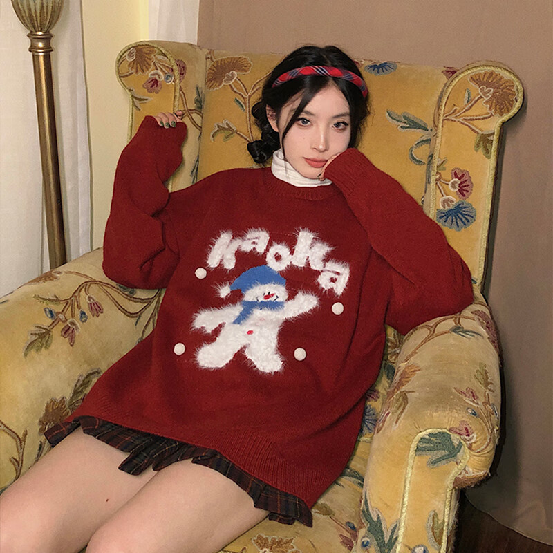 相伊恋人毛衣女25秋冬新款加绒加厚针织衫美式圣诞慵懒风上衣宽松内搭外套 红色【软糯升级亲肤】 均码 【建议80-140斤】