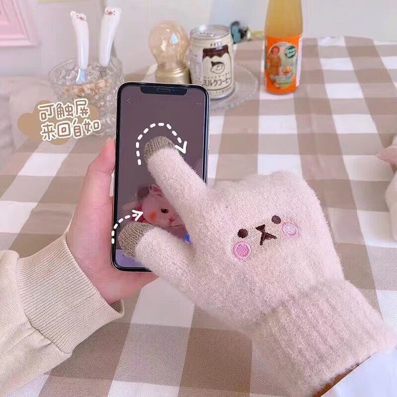 洋臣手套女秋冬季新款加厚保暖可爱学生骑车开车防寒毛线触屏手套 厚款触屏手套1双【颜色随机】