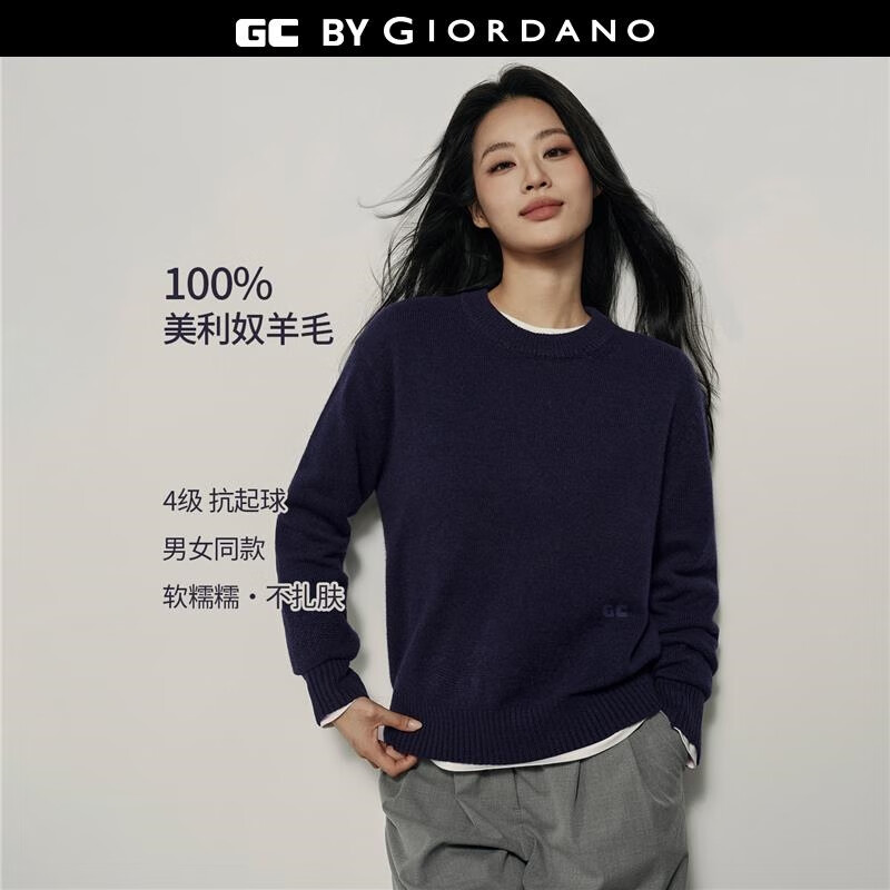 GIORDANO CONCEPTS 秋冬新款针织衫男女同款纯羊毛衫刺绣宽松圆领套头毛衣12055607