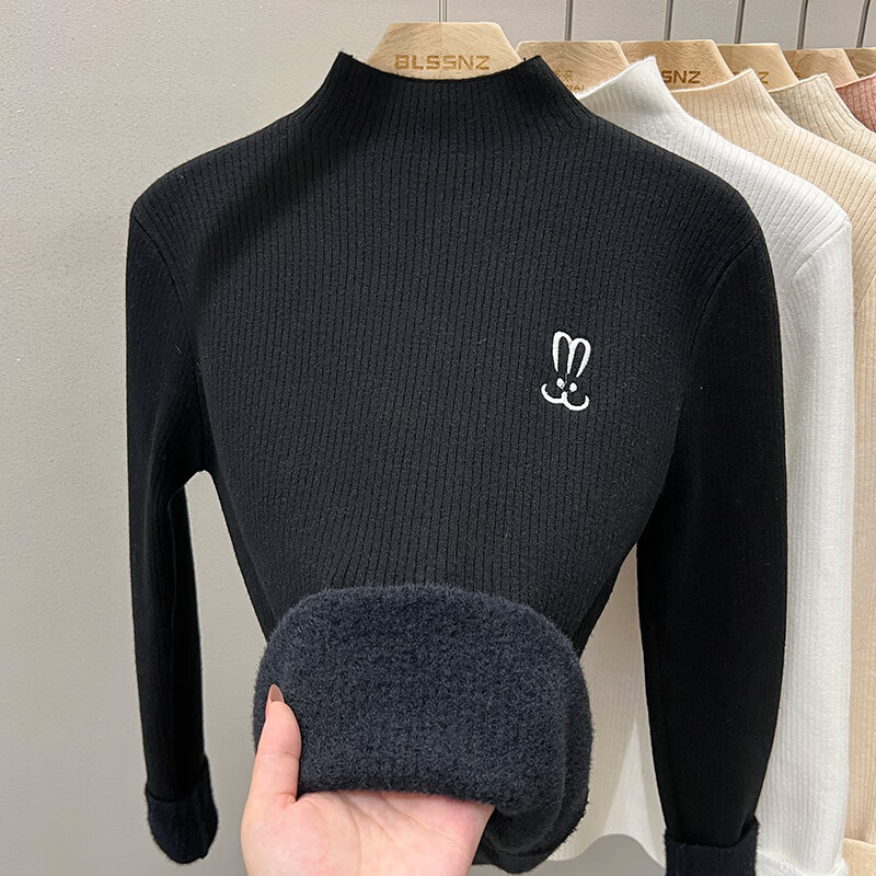 香影芬半高领一体绒毛衣女秋冬新款加绒加厚内搭打底针织衫保暖套头上衣 杏色 S (建议95斤以内)