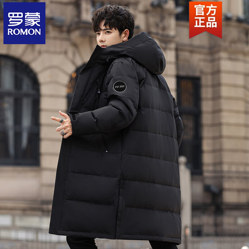 罗蒙（ROMON）男士羽绒服中长款2025年新款冬季连帽帅气青年防寒外套男潮 黑色 3XL