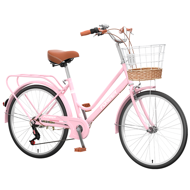 永久（FOREVER）通勤自行车女士成年人大学生单车上班通勤亲子自行车带娃母子车 落樱浅粉【标准双棍后衣架】 单速26寸【适合155-175cm】