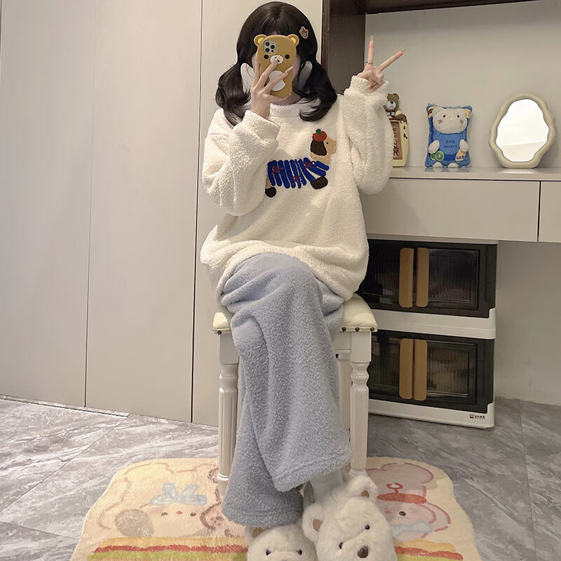 都市丽人睡衣女士秋冬季2025新款加绒加厚家居服可爱半边绒睡衣套装可外穿 线条小狗 2XL （建议140-160斤）