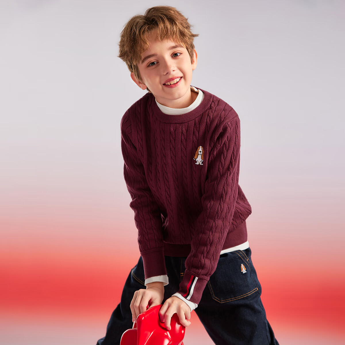 暇步士(Hush Puppies)【青少款】童装儿童男女大童秋季款简约经典肌理绞花舒适线衣 波尔多红 130 cm