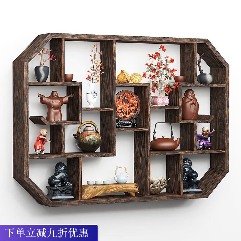 倘然之家博古架实木中式挂墙壁挂式置物架隔断多宝阁格子架摆件简约茶具架 六号 73*12*55