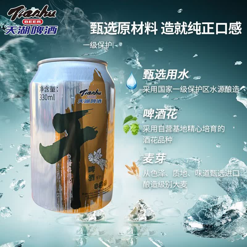 天湖啤酒9度干啤330ml淡色麦芽啤酒国产听装麦芽丰富泡沫浓郁抚顺特产 330mL 24罐 啤酒