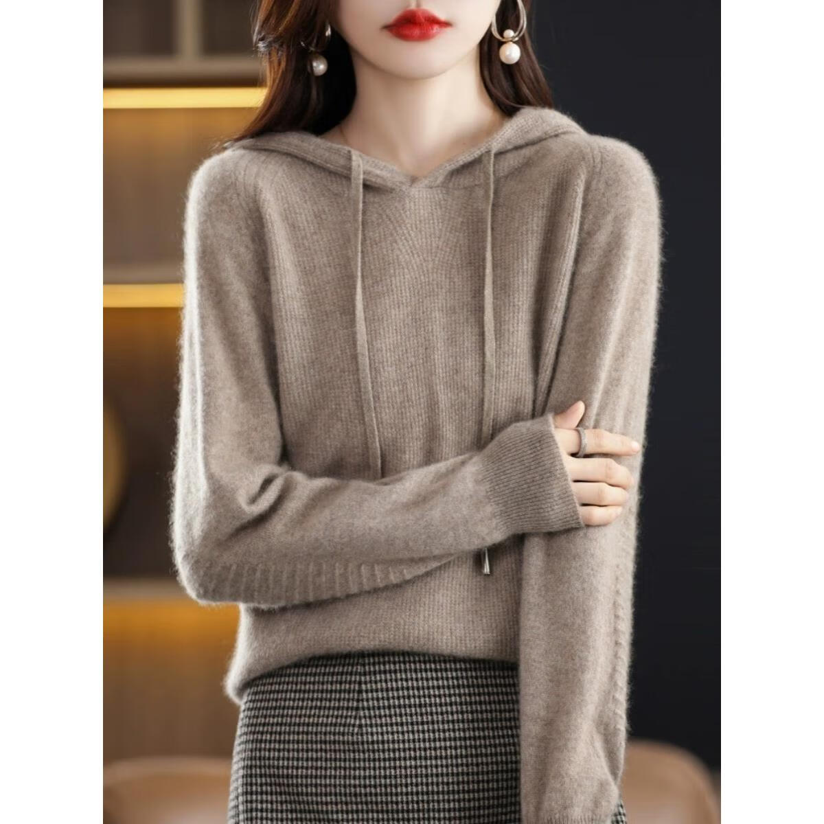 EMZ鄂尔多斯2025年春秋冬新款秋冬季带帽羊毛衫女士毛衣宽松连帽针织 中国红 中国红 S