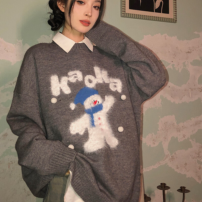 相伊恋人毛衣女25秋冬新款加绒加厚针织衫美式圣诞慵懒风上衣宽松内搭外套 红色【软糯升级亲肤】 均码 【建议80-140斤】