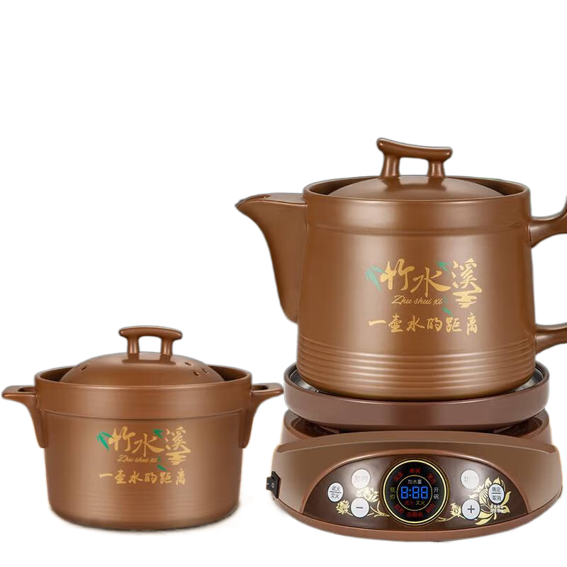 竹水溪中藥電煎藥壺全自動熬藥神器紫砂鍋藥罐家用大容量煲湯兩用新款 藥壺+湯煲+700W液晶觸屏底座+贈20件熬 3L