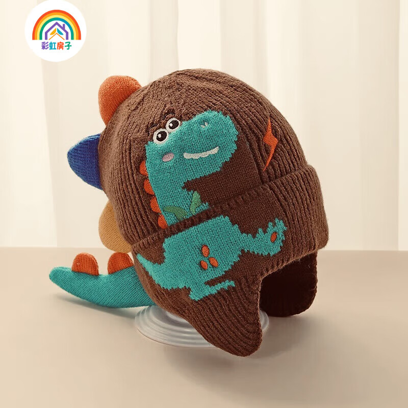 彩虹房子儿童新款秋冬季外出男女宝宝百搭保暖护加绒加厚耳帽合集 小恐龙护耳帽【米白色】参考1-3岁（46-54cm）