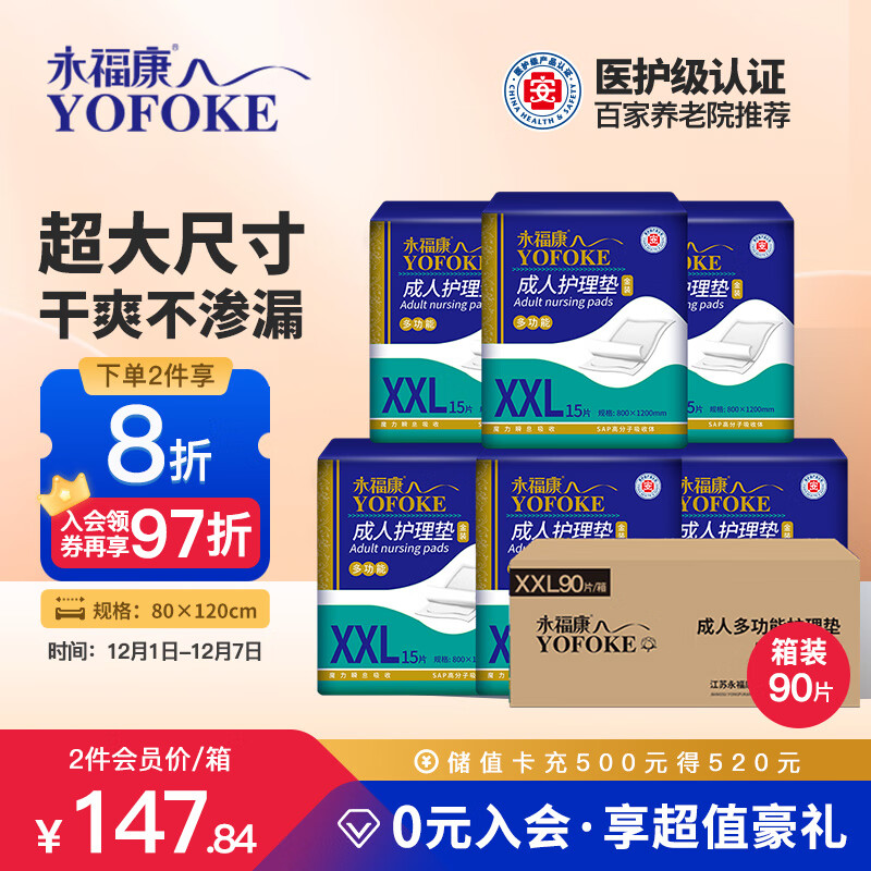永福康成人护理垫XXL90片 尺寸80*120cm婴儿孕产妇床垫老人一次性隔尿垫