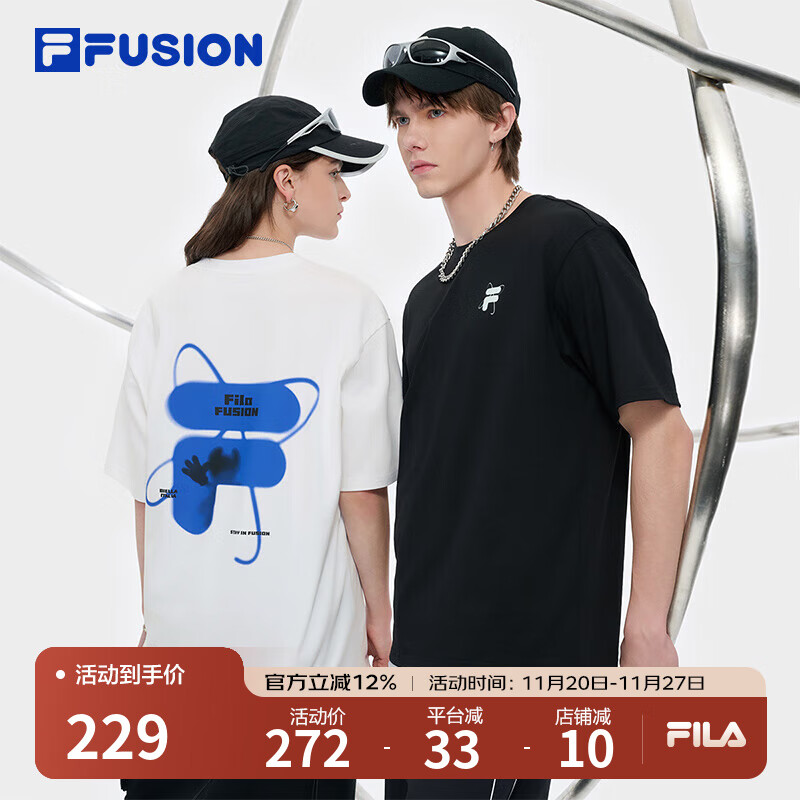 FILAFUSION斐乐潮牌情侣款针织短袖2025春夏新款凉感宽松纯棉T恤男女 正黑色-BK（夏季上新） M M /170/92A