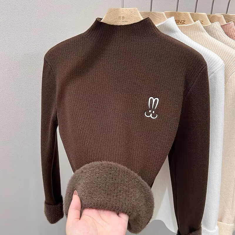 香影芬半高领一体绒毛衣女秋冬新款加绒加厚内搭打底针织衫保暖套头上衣 杏色 S (建议95斤以内)