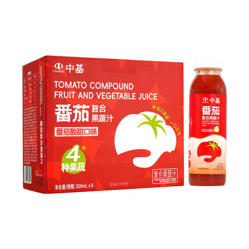 中基（Chalkis）新疆自然成熟100%番茄复合果蔬汁0脂肪0香精0防腐剂0食品添加剂 300ml*8瓶 番茄果汁