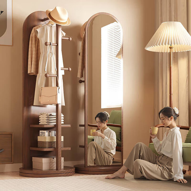 倘然之家柜镜梳妆镜旋转穿衣镜衣服架落地式可移动卧室衣帽架新款落地镜 【胡桃色- 多功能镜】旋转+置物-挂衣 【拱形镜-中号双层款】-工厂直销