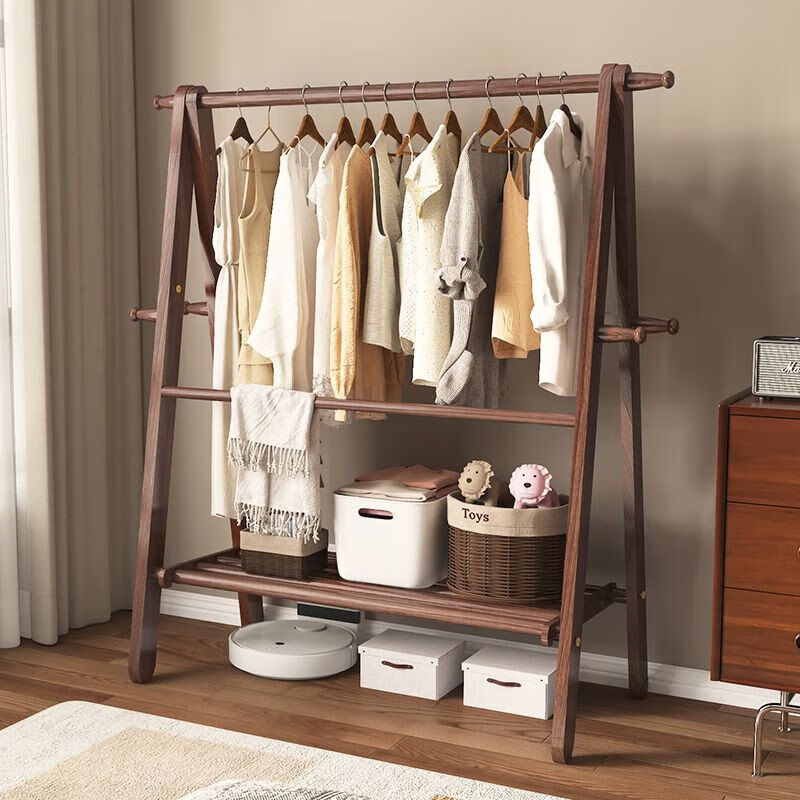 倘然之家双杆落地衣架实木卧室双层挂衣架全榉木衣帽架家用阳台折叠晾衣架 胡桃色-60cm【独居】