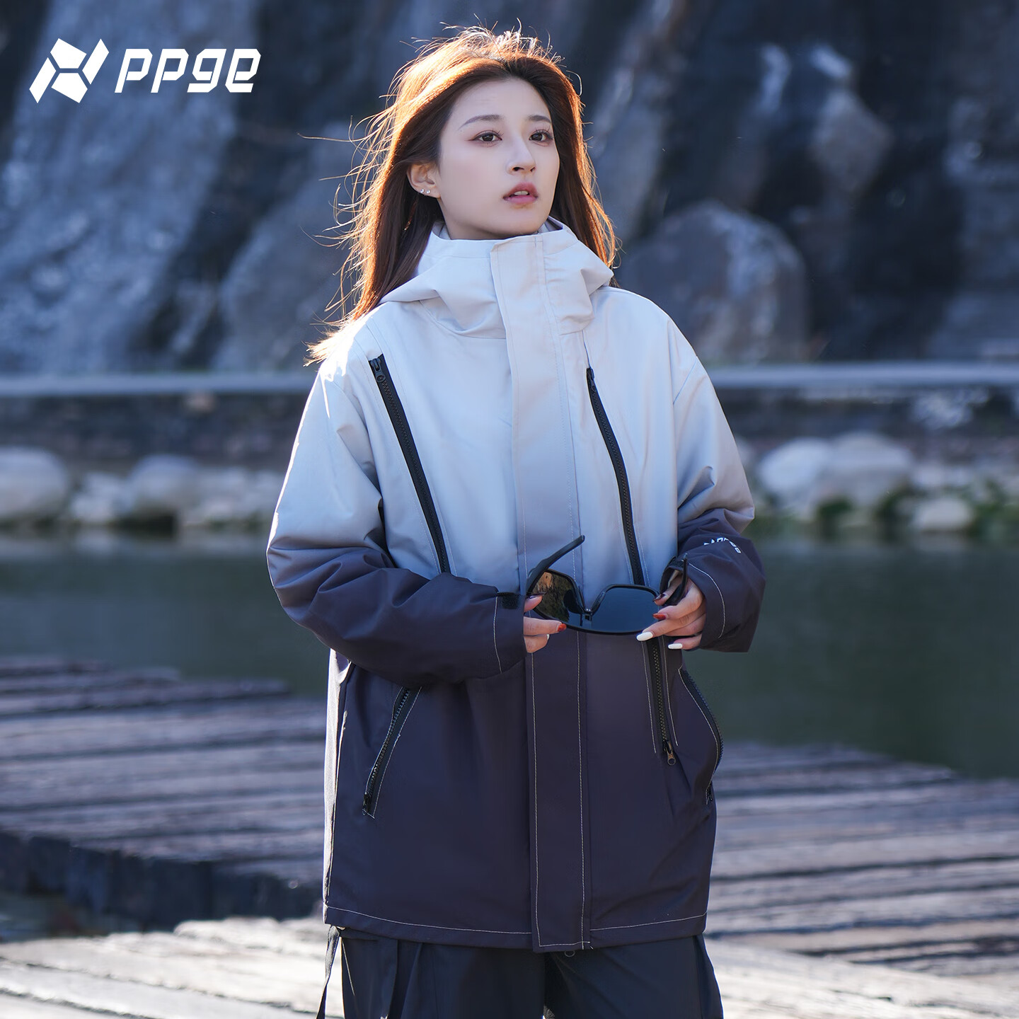 PPGE三合一冲锋夹克防风防泼水户外高级渐变双色晕染上衣男女同款外套 高级渐变-水墨黑 2XL (185/100A)