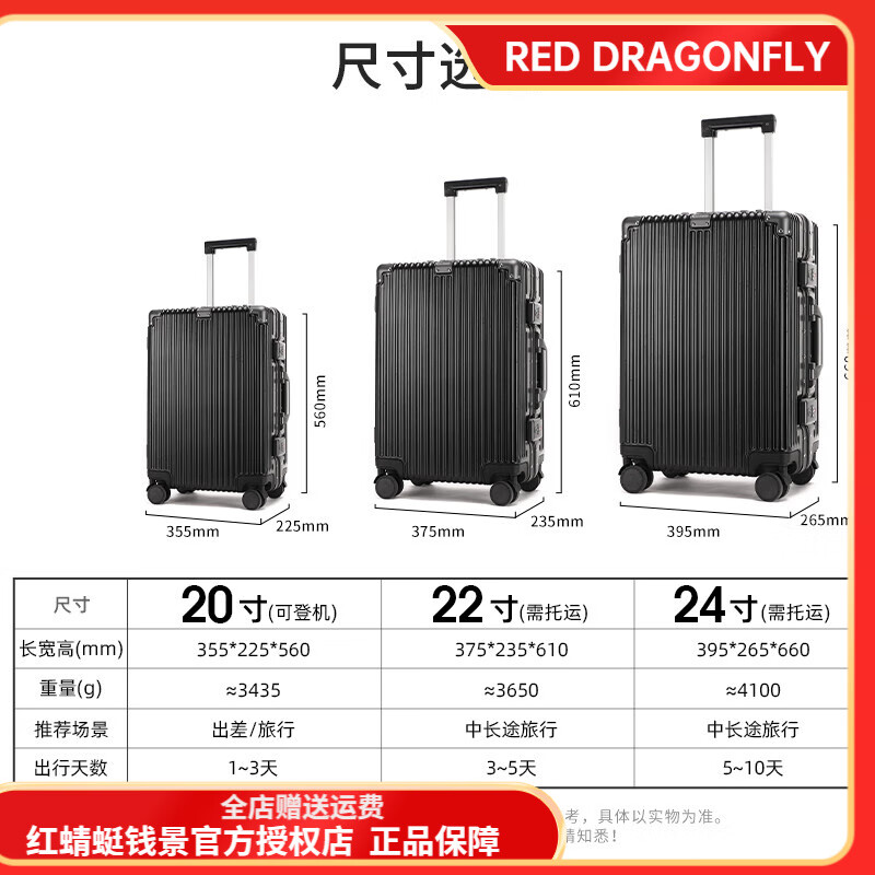 红蜻蜓(RED DRAGONFLY)德国品质行李箱拉杆箱男女20/22吋大容量旅行箱24英寸登机密码箱 9191S0032A高颜值黑20英寸【可登机】