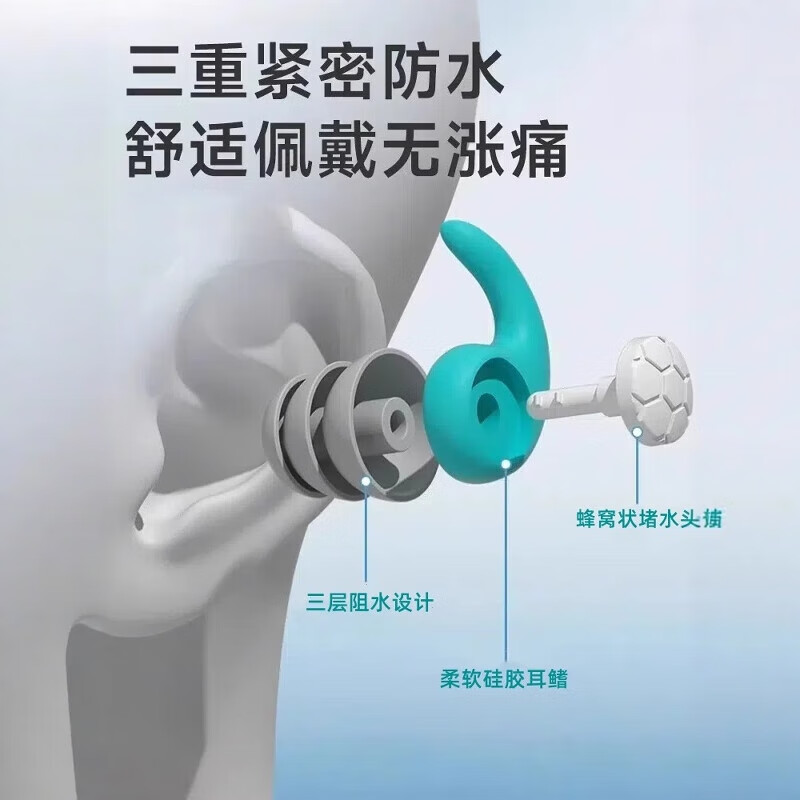 LUCYLEE美国防水耳塞洗澡防中耳炎游泳专业不隔音硅胶成人儿童防进水神器 湖蓝【均码1对装_成人】零进水_防中耳炎 均码 三重防水 久带不耳痛