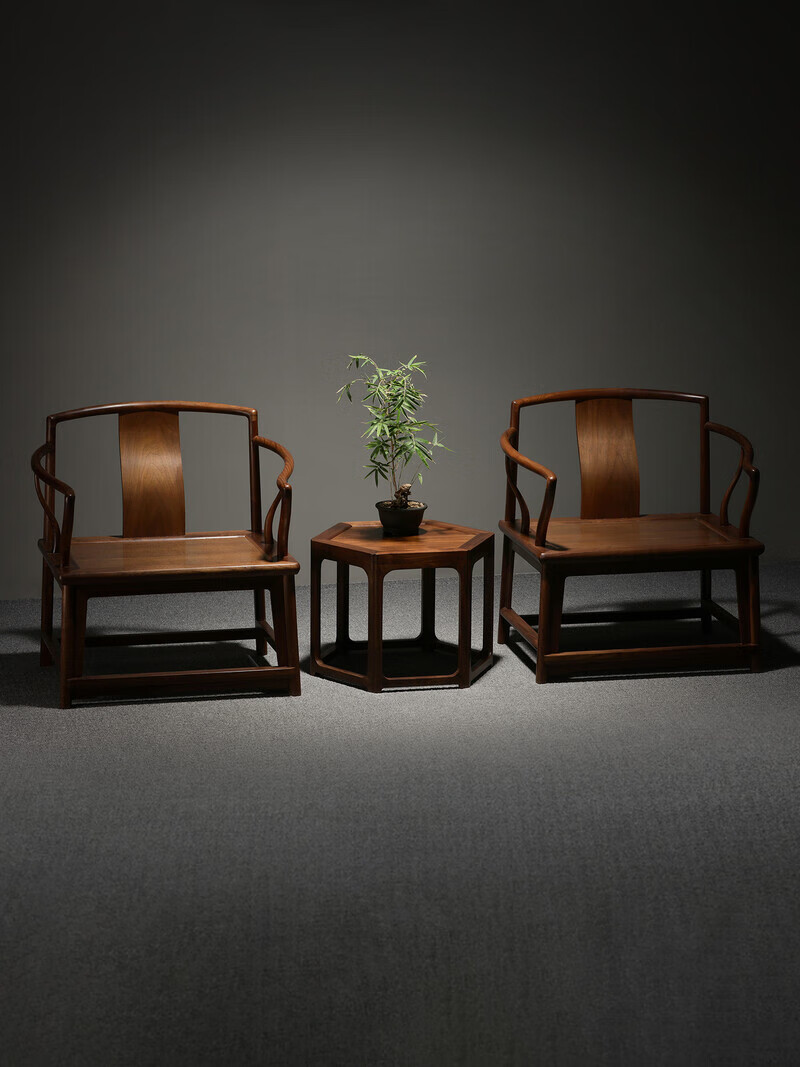 中式仿古官帽椅实木太师椅圈椅茶椅子主人椅禅椅明式家具 黑胡桃矮南官帽椅（38坐高）赠配套坐垫