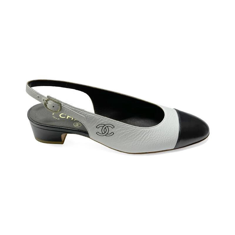 女士凉鞋舒适轻便透气软底皮革黑白拼色方头后绊带设计