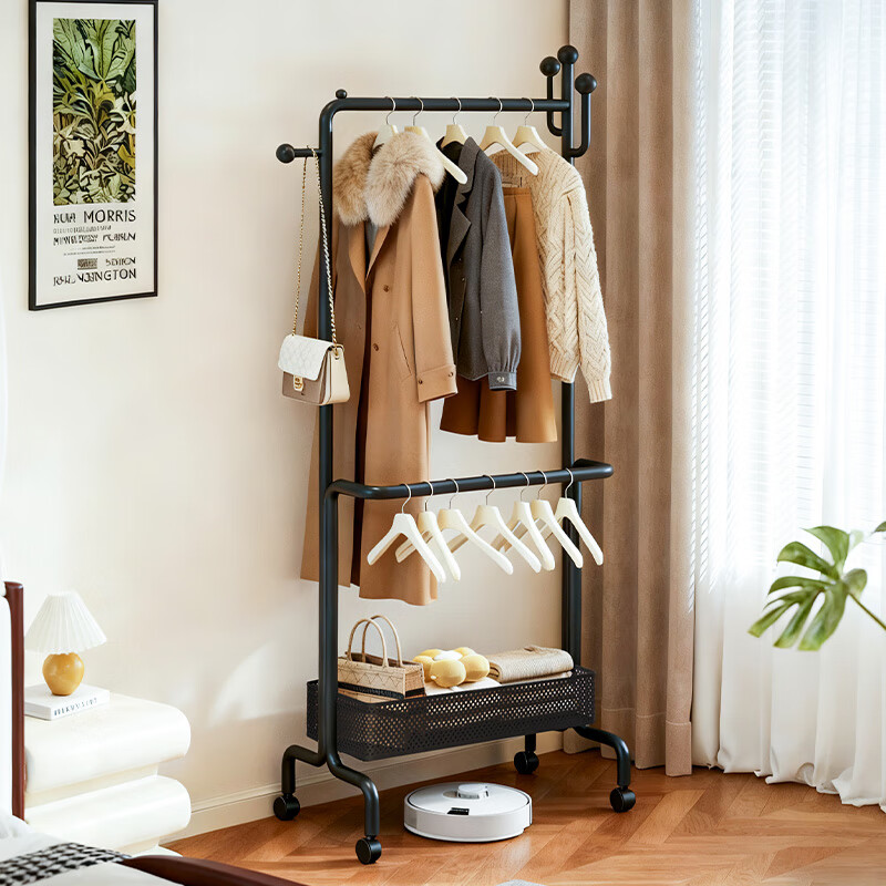 朱小姐的店卧室衣架可移动落地挂衣架收纳架多功能衣帽架置物架高级感 【赫本黑】-100CM-原创设计师款