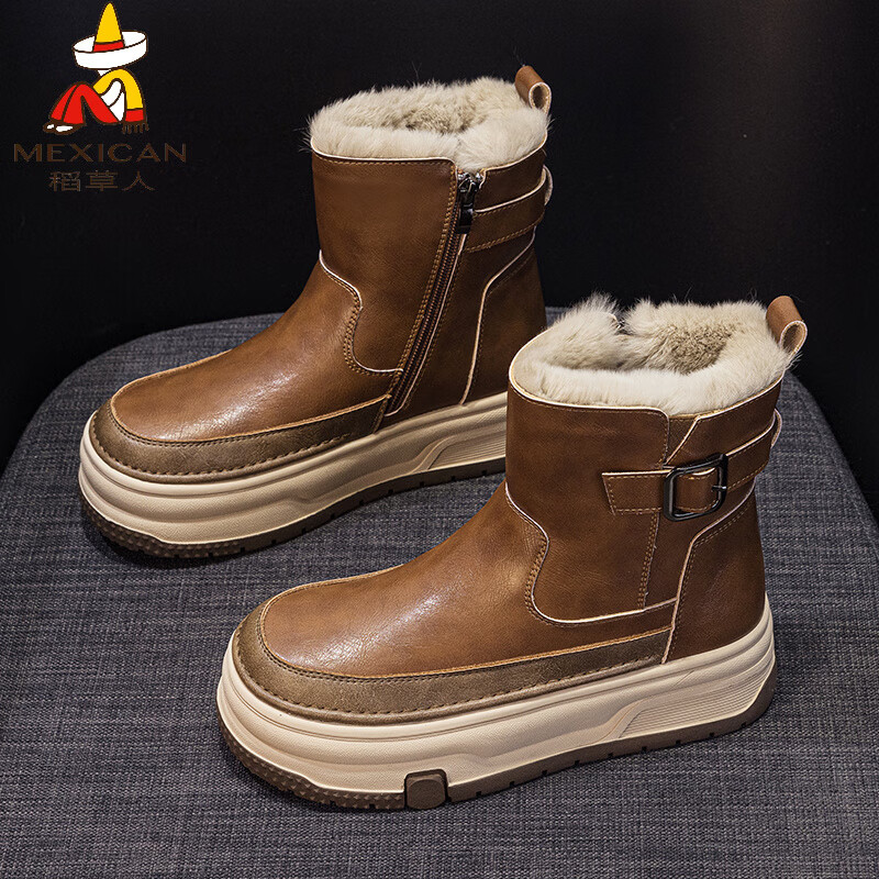 稻草人（MEXICAN）皮毛一体雪地靴女加绒加厚2026冬季新款真皮厚底防水防滑大棉短靴 棕色【800g厚绒】 38