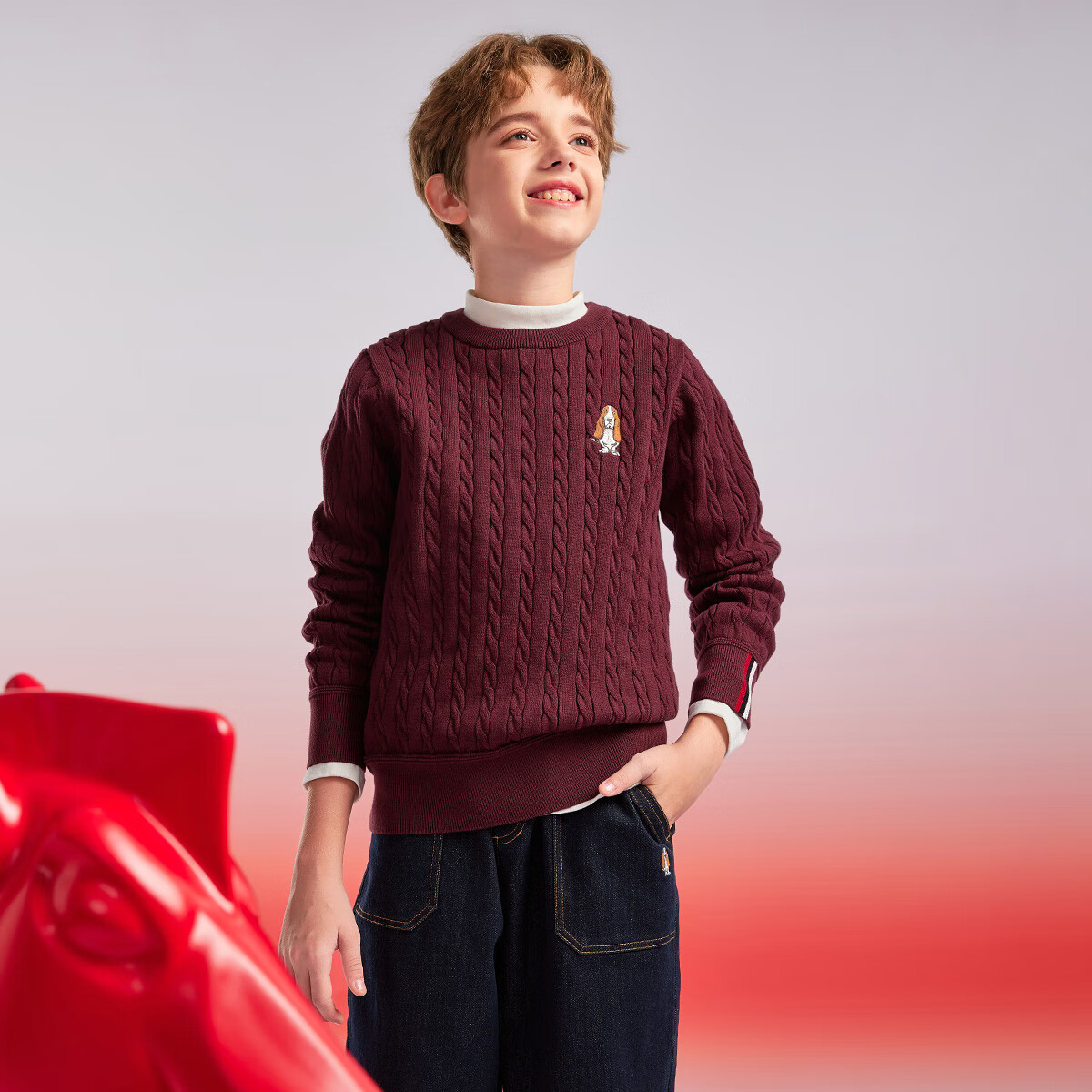 暇步士(Hush Puppies)【青少款】童装儿童男女大童秋季款简约经典肌理绞花舒适线衣 波尔多红 130 cm